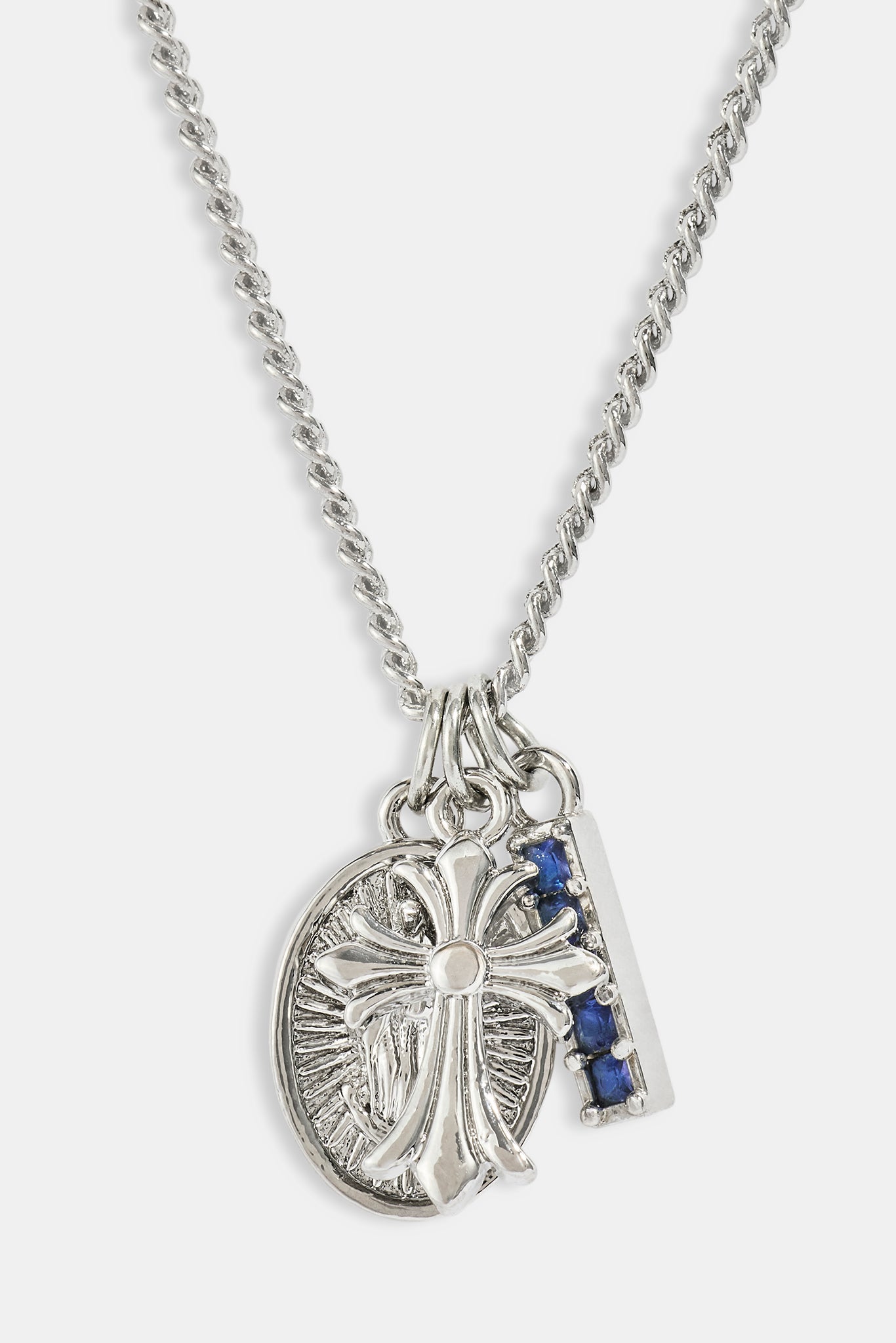 Multi Cross, Medal & Blue CZ Necklace - 15mm - White